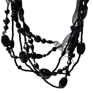 Money Elegant Black Beaded Necklace Ribbon Multi Strand Retro Fashion Jewelry